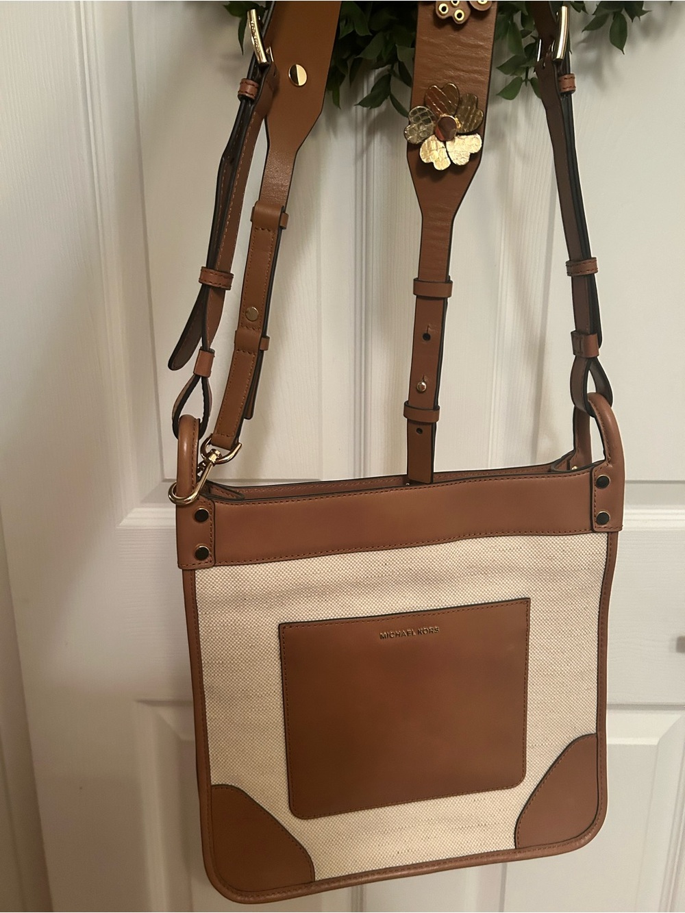 Michael Kors Cream Canvas Crossbody with Tan Leather Trim
